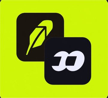 The image features two overlapping black app-style icons on a bright yellow-green background: a feather/quill symbol (representing Robinhood) and a stylized "D" logo (representing the Fomo platform). The caption corresponds to the post about a comprehensive guide to the Robinhood network and Fomo platform, highlighting recent interest from crypto investors in finding 50-100x gaining projects within the Robinhood ecosystem.