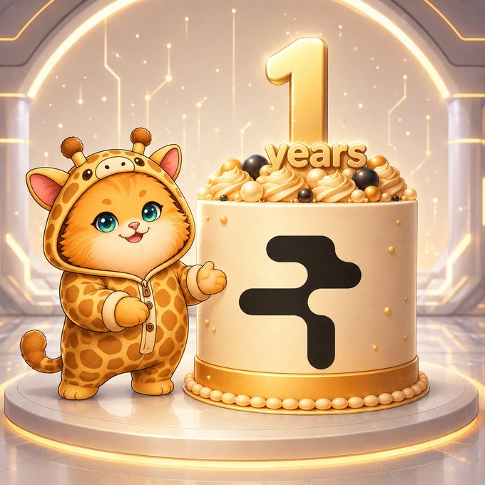 A cute cartoon orange cat wearing a giraffe onesie stands next to a large white and gold cake topped with a '1 years' decoration and a black abstract logo.