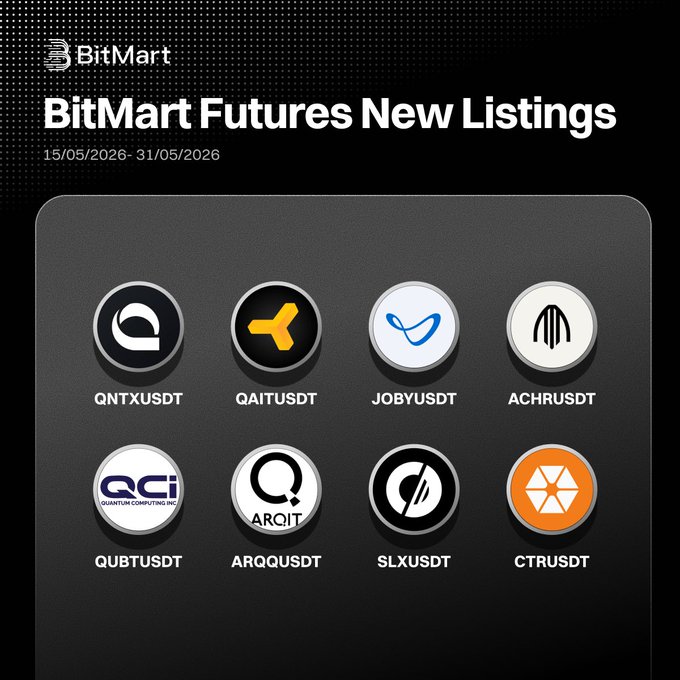 The image shows a list of logos for various cryptocurrencies, including QNTX, QAIT, JOBY, ACHR, QUBT, ARQQ, SLX, and CTR. The text above the logos indicates that these are fresh futures listings on BitMart Futures. The post also mentions that QNTX, QAIT, JOBY, ACHR, QUBT, ARQQ, SLX, and CTR have the biggest upside potential in this market.