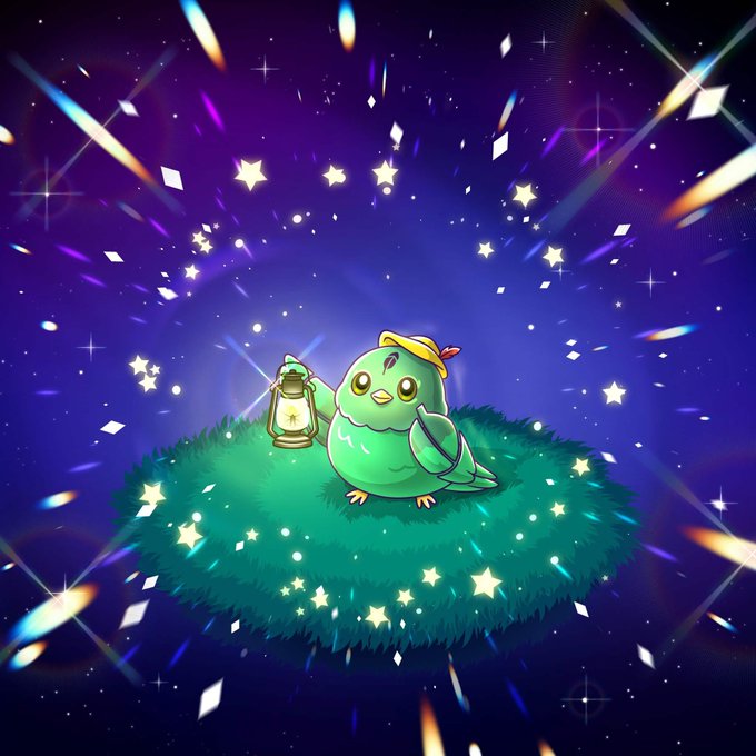 A digital illustration of a cute green bird with a small hat holding a lantern, standing on a glowing star-shaped grassy patch surrounded by a magical purple starry sky.