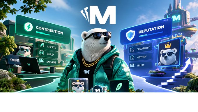 A digital illustration featuring a bear wearing sunglasses and a green hoodie, surrounded by 'CONTRIBUTION' (Create, Build, Engage, Mint) and 'REPUTATION' (Credibility, History, Trust) panels with an 'M' logo.