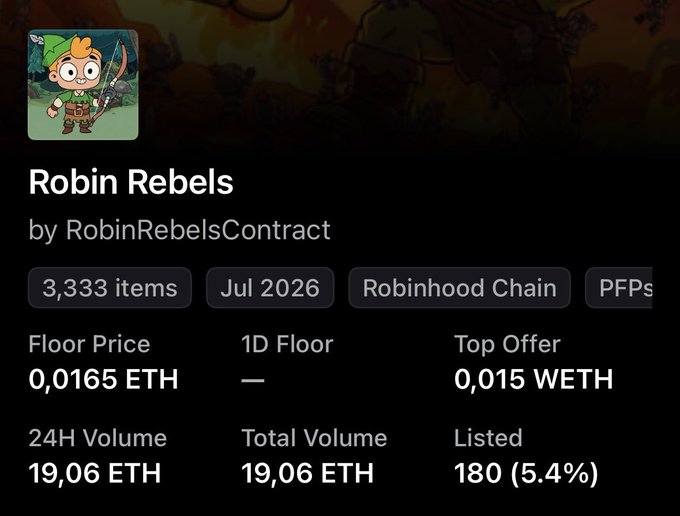 The image shows a collection page for "Robin Rebels" NFT on Robinhood Chain, featuring 3,333 items with a floor price of 0.0165 ETH and a top offer of 0.015 WETH. This aligns with the post's enthusiasm, as the user is actively accumulating these NFTs by placing offers below the floor price to build their collection.