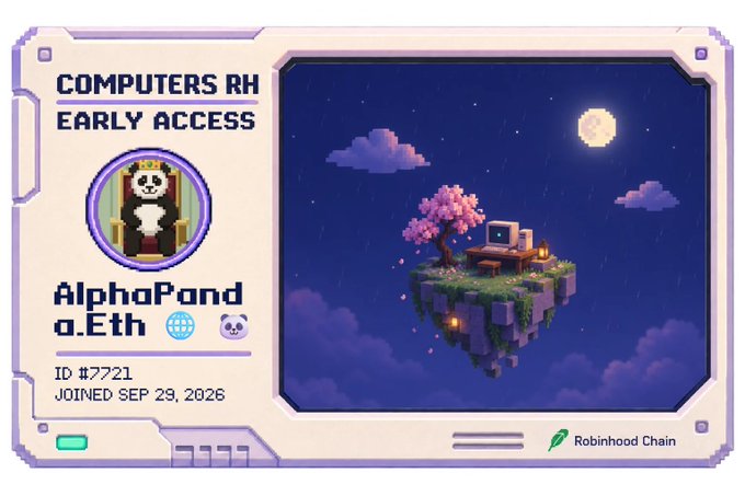 A pixel-art style digital card titled 'COMPUTERS RH EARLY ACCESS' featuring the username 'AlphaPond.eth' with ID #7721, joined SEP 29, 2026, on the Robinhood Chain, depicting a panda on a throne and a floating island with a cherry blossom tree and computer setup.
