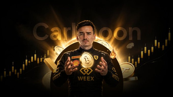 A man in a racing suit with 'WEEX' branding stands against a background of crypto coins, candlestick charts, and the text 'Carloon'.