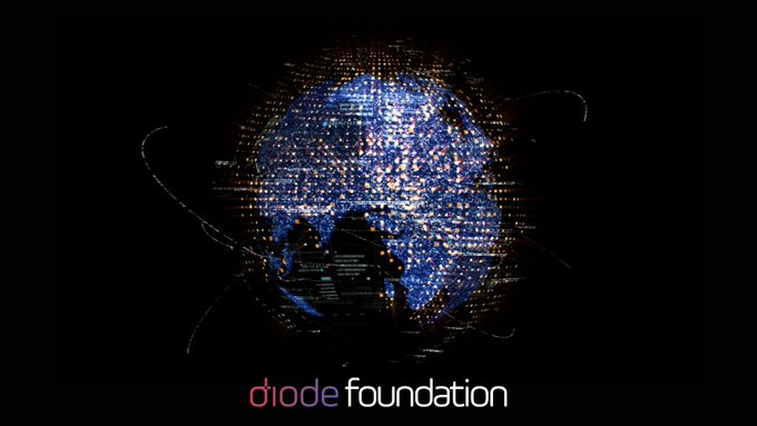 The image shows a glowing blue digital globe composed of connected dots and data streams, with the "diode foundation" logo displayed beneath it, visually representing the worldwide network of decentralized nodes that enables permissionless, end-to-end encrypted connectivity across regions, cities, and facilities as described in the post.