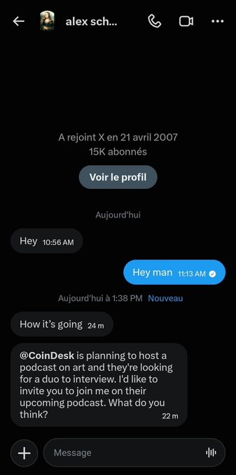 A direct message conversation on Instagram with user 'alex sch...' showing a brief exchange where someone mentions '@CoinDesk is planning to host a podcast on art and they're looking for a duo to interview,' inviting them to join.