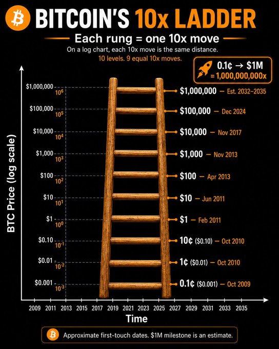 A "Bitcoin's 10x Ladder" chart visualizes BTC's price scaling logarithmically, mapping each rung from $0.1 (Oct 2009) up to $1,000,000 (Est. 2032-2035), illustrating the post's point that $BTC advances in 10x increments rather than linear dollar amounts.
