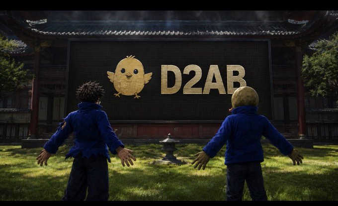 Two animated characters in blue jackets stand before an East Asian-style temple featuring a large banner displaying a chick logo and the text 'D2AB'.
