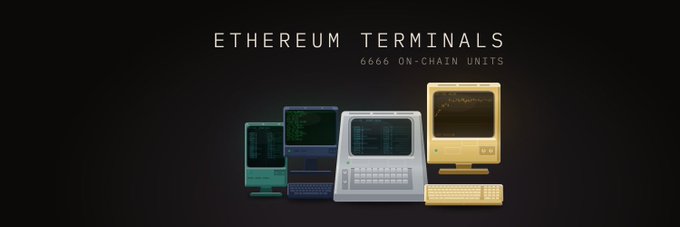 A promotional graphic featuring four vintage-style computer monitors in gold, silver, and teal with the header "ETHEREUM TERMINALS - 6666 ON-CHAIN UNITS," advertising an NFT mint giveaway where users can retweet for a chance to win a free mint spot by dropping their EVM wallet.
