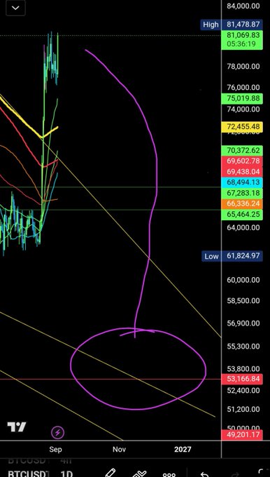 A TradingView BTCUSD chart on a 4-hour timeframe showing a purple hand-drawn pattern with a circled zone near the $53,000 price level, with various price labels in green, yellow, blue, and red.