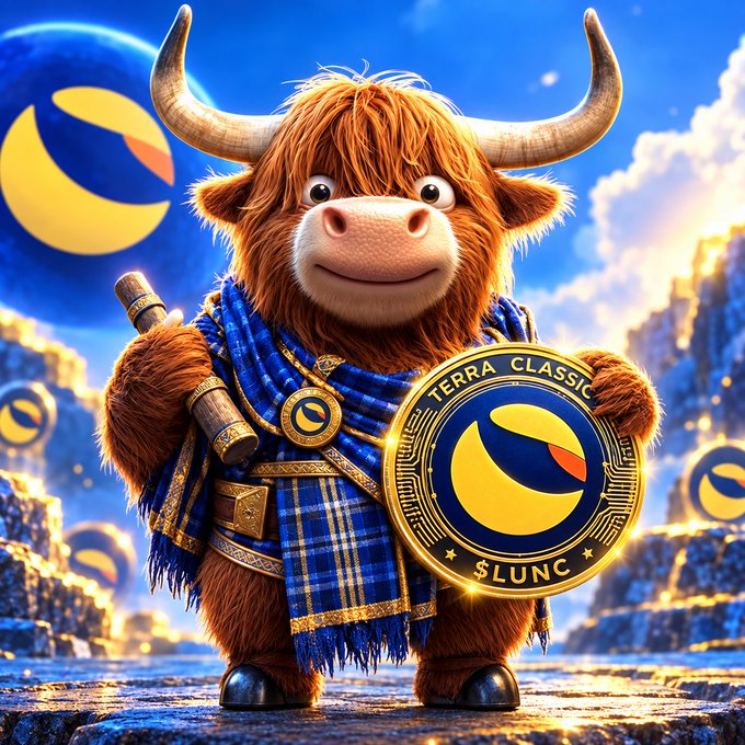 A whimsical 3D-rendered character of a highland cow wearing blue tartan garments, holding a staff and a large gold coin labeled 'TERRA CLASSIC $LUNC' with the Terra logo.