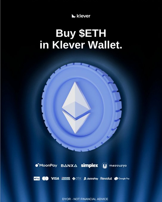 Promotional graphic for Klever Wallet featuring a large blue Ethereum coin with the headline 'Buy $ETH in Klever Wallet' and payment partner logos including MoonPay, BANXA, Simplex, and mezcuzyo, ending with 'DYOR - NOT FINANCIAL ADVICE'.