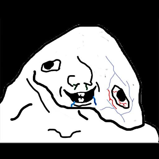 A crude hand-drawn MS Paint illustration of the 'Forever Alone' meme face with a wide grin and tears, featuring a red and black bruised/distressed right eye.