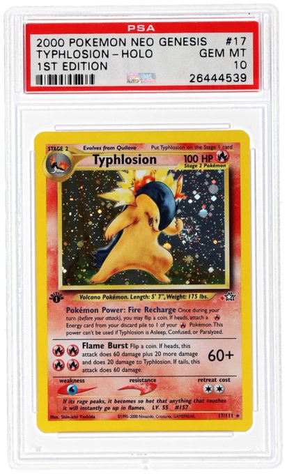 A PSA-graded 2000 Pokémon Neo Genesis 1st Edition Typhloson-Holo #17 card, rated Gem Mint 10 with certification number 26444539, is displayed in a protective slab, corresponding to the high-value auction listing mentioned in the post.