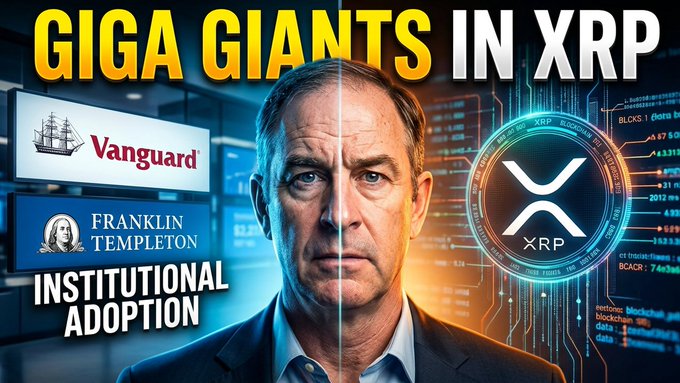 A YouTube thumbnail features a serious-looking man alongside the XRP logo and logos for Vanguard and Franklin Templeton, with bold text reading "GIGA GIANTS IN XRP" and "INSTITUTIONAL ADOPTION," promoting a video about alleged Wall Street plans for XRP adoption.