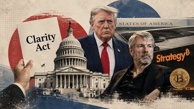 This image depicts the "Clarity Act" document alongside Donald Trump and Michael Saylor, symbolizing the political and business implications of cryptocurrency legislation as discussed in the accompanying market recap. The imagery relates to the text by visually representing the key players and legislation mentioned in the 24-hour market recap, which includes updates on Bitcoin and Ethereum prices and the status of the CLARITY Act vote.