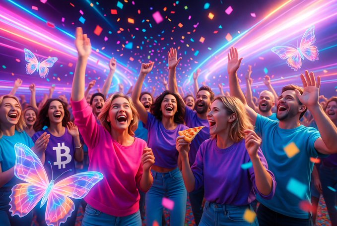 The image features a large group of people standing together with their arms raised high in celebration. The crowd appears to be at a party or event, possibly a concert or festival. Among them, there are two women wearing purple shirts who seem particularly excited about something. In the background, butterflies can be seen flying around, adding to the festive atmosphere. The image also contains text that reads "The @quipnetwork community doesn't just talk Quantum - they live it", which suggests a connection between the people in the photo and the cryptocurrency or blockchain community.