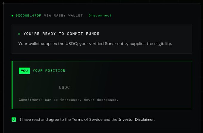 A dark-themed web interface shows a crypto wallet connection, stating 'YOU'RE READY TO COMMIT FUNDS' and offering to deposit USDC, with the wallet address '0XCD08...47DF' via Rabby Wallet.
