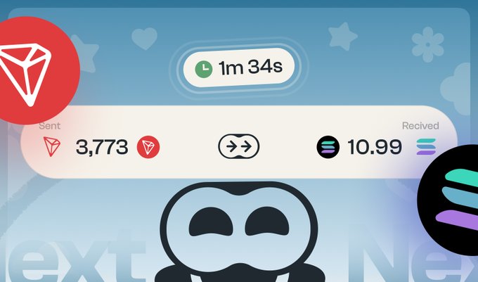 A crypto exchange interface shows a TRON (TRX) transaction in progress with 1m 34s remaining, displaying 3,773 TRX sent and 10.99 SOL received, with a Skullmonkeys NFT mascot at the bottom.