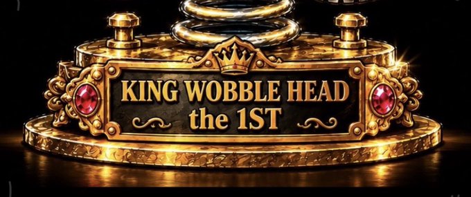 A gold, crown-adorned trophy-like plaque displays the text “KING WOBBLE HEAD the 1ST,” styled like a Solana giveaway prize. It accompanies a post offering a “$10 SOL GIVEAWAY” for engagement with quoted posts and dropping addresses.