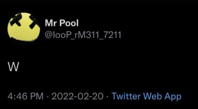 A tweet from user "Mr Pool" (@looP_rM311_7211) posted at 4:46 PM on 2022-02-20 via Twitter Web App, containing only the single letter "W" as a victory celebration. The accompanying post context suggests "W" is being used as crypto slang for "win," specifically celebrating an XRP (Ripple) gain on 2/20/22.