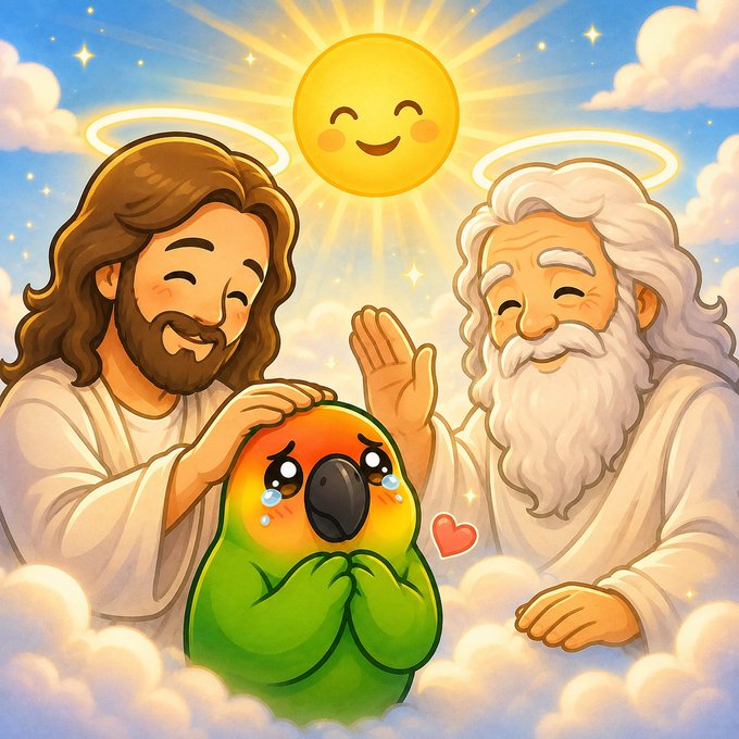 The image depicts a cute, crying green parrot with large teary eyes being comforted by Jesus and God, both shown with halos, under a smiling sun in a heavenly cloudscape with a small red heart. The accompanying post about "$NIAO" (Niao, meaning "bird" in Chinese) jokes that this adorable parrot meme is so pure it has ascended to receive blessings from Jesus, God, and even the sun itself.

Caption: A tearful cartoon parrot is comforted by Jesus and God beneath a smiling sun in the clouds, illustrating the wholesome ascent of the $NIAO meme to the heavens.