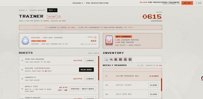 A gamified dashboard interface titled "TRAINER" with a rank of 0615, showing pre-registration stats (61,324 trainers), quests with point rewards, an inventory section with items like "Silver Resource Box," "Raffle Ticket," and "Gold Food Box," plus an NFT Airdrop banner.
