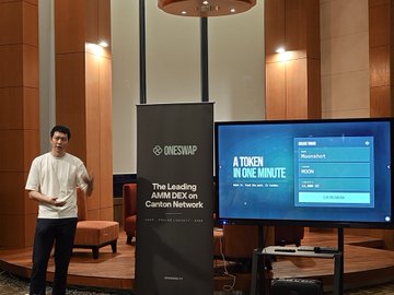 A man stands on a stage presenting next to a banner reading 'ONESWAP The Leading AMM DEX on Canton Network' and a screen displaying 'A TOKEN IN ONE MINUTE' on the 'BitShares' blockchain.