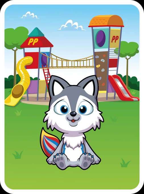 Cartoon illustration of a cute gray and white husky puppy sitting on grass in front of a colorful playground with slides and climbing structures marked 'PP'.