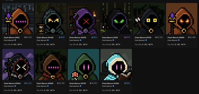 A grid of pixel art 'Chain Manors' NFT avatars in various hooded colors, each labeled with a number, ETH price, and 'Top offer 0.381 WETH'.