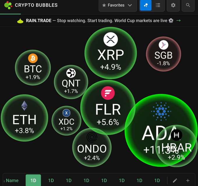 'Crypto Bubbles' visualization on a dark interface showing live price performance bubbles: BTC +1.9%, XRP +4.9%, SGB -1.8%, QNT +1.7%, FLR +5.6%, ETH +3.8%, XDC +1.2%, ONDO +2.4%, ADA +11.3%, and HBAR +2.9%, with a 'RAIN.TRADE — Stop watching. Start trading' banner.