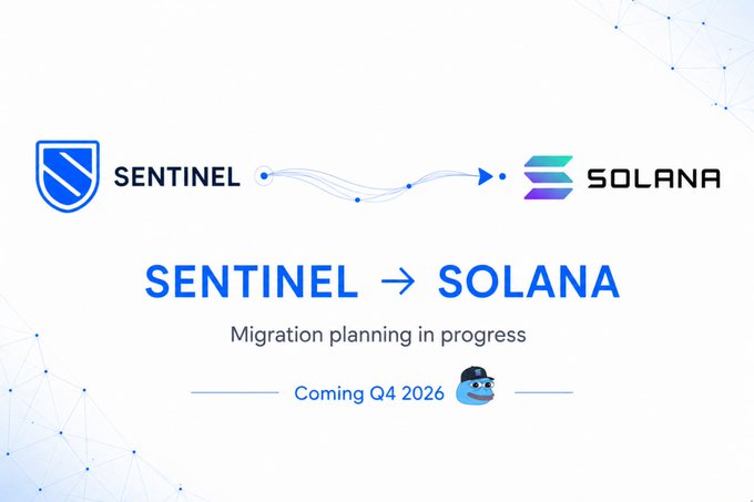 A digital announcement showing logos for 'SENTINEL' and 'SOLANA' with text reading 'SENTINEL → SOLANA', 'Migration planning in progress', and 'Coming Q4 2026' alongside a small Pepe character.
