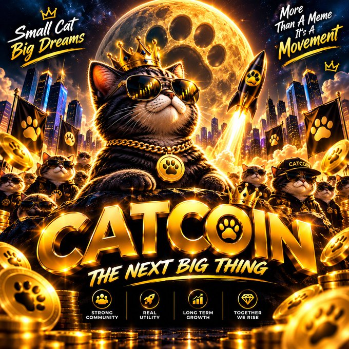 A promotional graphic for 'CATCOIN - The Next Big Thing' featuring a cat wearing sunglasses and a crown, with slogans 'Small Cat Big Dreams' and 'More Than A Meme It's A Movement' alongside pillars labeled 'Strong Community,' 'Real Utility,' 'Long Term Growth,' and 'Together We Rise.'