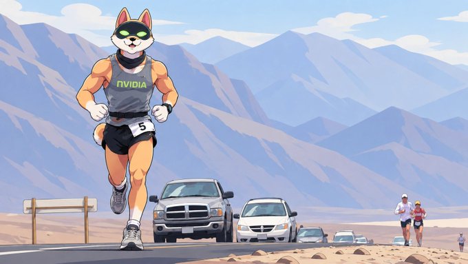 A muscular figure wearing a dog (husky) mask, sunglasses, and an NVIDIA tank top runs ahead of the pack of support vehicles and other runners through a desert mountain landscape, channeling the iconic "Great North Run" scene from the meme with the caption "WHO'S GONNA CARRY THE BOARDS?!?" — the joke playing on NVIDIA's dominance and the runner leaving competitors behind in the AI chip race.