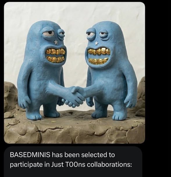 Two blue claymation-style figures with gold teeth shake hands, with text reading "BASEDMINIS has been selected to participate in Just TOOons collaborations:" — promoting an upcoming TOOons X Minis raffle for holders.