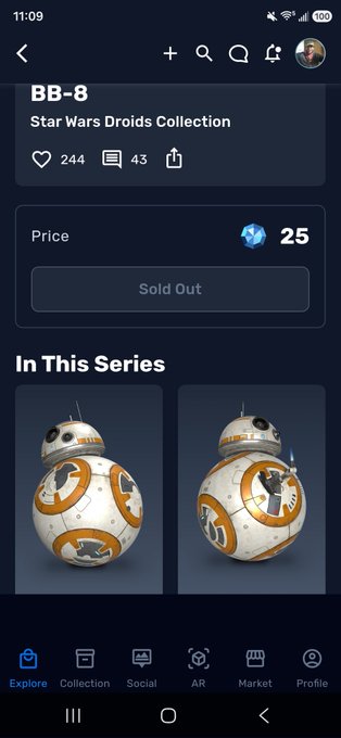 The image shows a promotional post from an online streaming platform, specifically YouTube, where a new series called "BB-8" has been released. The post encourages viewers to shout out to @starwars fans for selling out their BB-8 collection, which grossed 54k in just 8 minutes. It also mentions that the show is available via social media platforms and can be viewed on streaming services like Disney Plus. The post highlights how the series has pushed the current US dollar mark of the 8% threshold to be achieved during the month of May, demonstrating a significant increase in viewers and ad revenue compared to previous months.