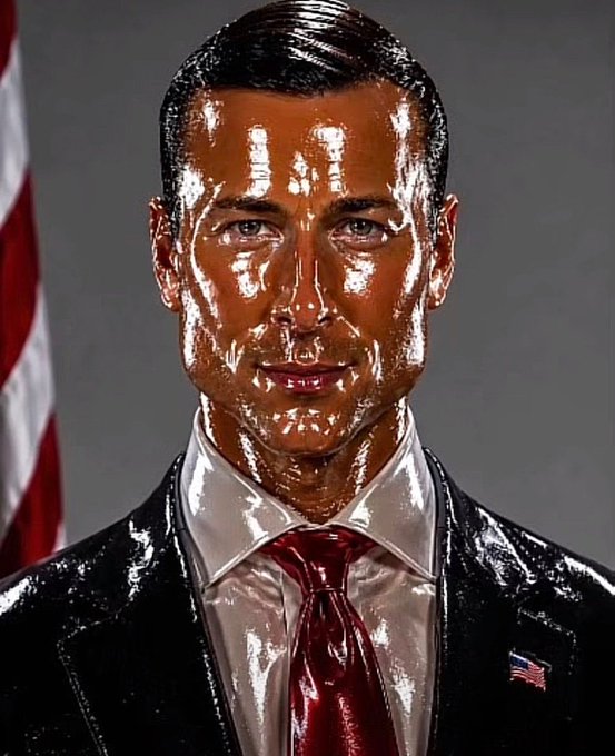 A hyper-realistic glossy statue of a man in a dark suit and red tie stands in front of an American flag.