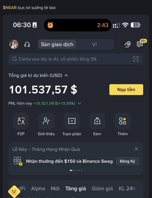A Binance cryptocurrency trading app interface in Vietnamese showing an estimated total value of 101,537.57 USD, with today's PNL of +16,921.99$ (+19.99%), and navigation tabs for P2P, Giới thiệu, Trạm phân, and Earn.