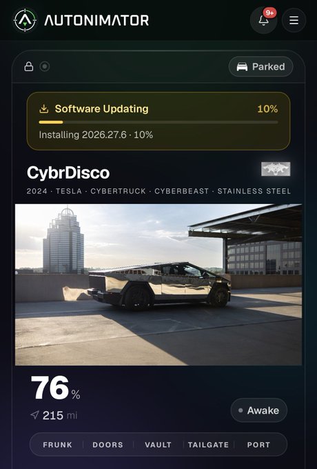 A mobile app interface for 'AUTONIMATOR' showing a software update at 10% for a 2024 Tesla Cybertruck named 'CybrDisco', with battery at 76% and status 'Parked'.