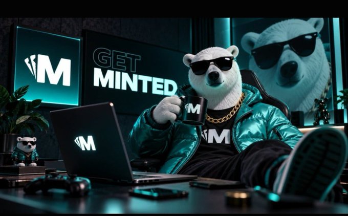 A polar bear wearing sunglasses, a gold chain, and a teal puffer jacket sits in a gaming chair holding a mug, with a laptop displaying the 'M' logo and a 'GET MINTED' neon sign in the background.