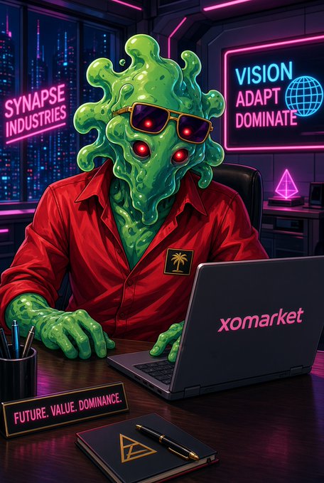 A neon-styled illustration shows a green tentacled alien wearing sunglasses and a red shirt working on an xomarket laptop in a cyberpunk office, with neon signs reading 'SYNAPSE INDUSTRIES' and 'VISION ADAPT DOMINATE', plus a nameplate saying 'FUTURE. VALUE. DOMINANCE.'