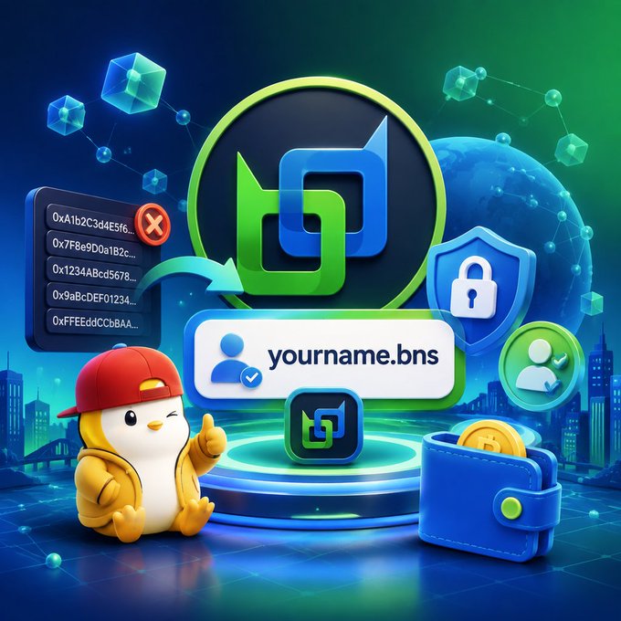 A colorful digital illustration promoting a BNS domain service featuring a cartoon penguin mascot, a username 'yourname.bns', blockchain graphics, security icons, and a crypto wallet.
