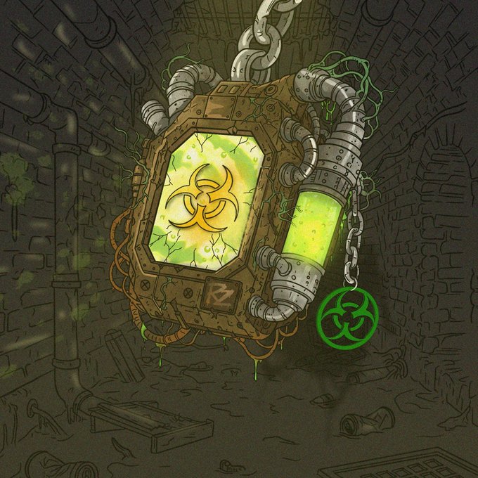 A dark, post-apocalyptic digital illustration of a chained, glowing green hazardous container with a biohazard symbol, hanging in a decrepit brick alleyway with debris and pipes.