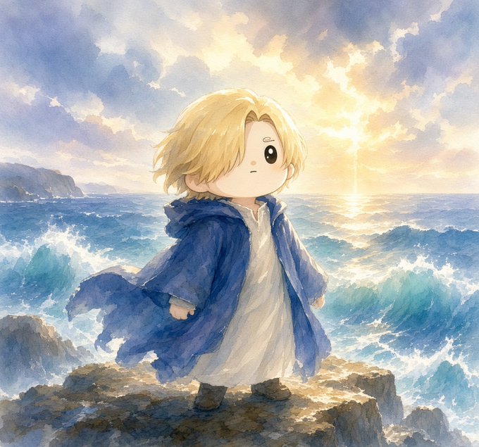 A watercolor-style illustration of a small blonde character in a blue cloak standing on rocks, gazing at a sunset over a vast ocean.