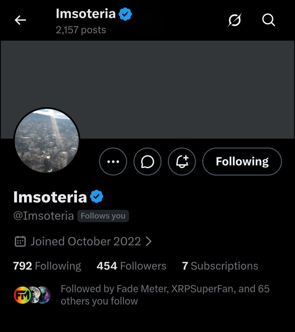 An Instagram profile page for "Imsoteria" (@Imsoteria) showing a verified account with 2,157 posts, 792 following, 454 followers, and 7 subscriptions, joined October 2022. The profile features an aerial cityscape photo and is highlighted as part of a shoutout to a dedicated XRP HODLer.