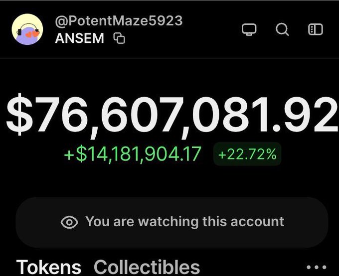 The image shows a screenshot of the @PotentMaze5923 wallet labeled "ANSEM" displaying a balance of $76,607,081.92 with a +$14,181,904.17 (+22.72%) gain, visually confirming the post's claim that the ANSEM wallet has crossed $74M in value.