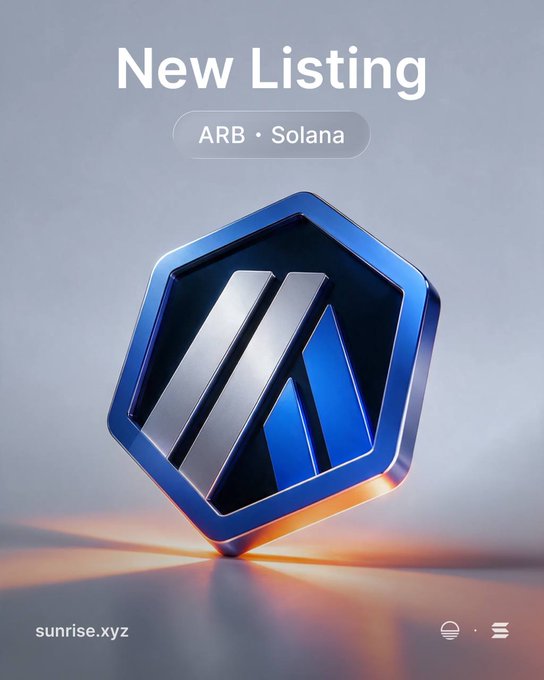A sleek blue hexagonal logo graphic announces a "New Listing" for ARB on Solana via sunrise.xyz, with the tagline noting the cross-chain connectivity is powered by Wormhole NTT. The 3D-rendered badge design emphasizes the blockchain bridging service announcement.