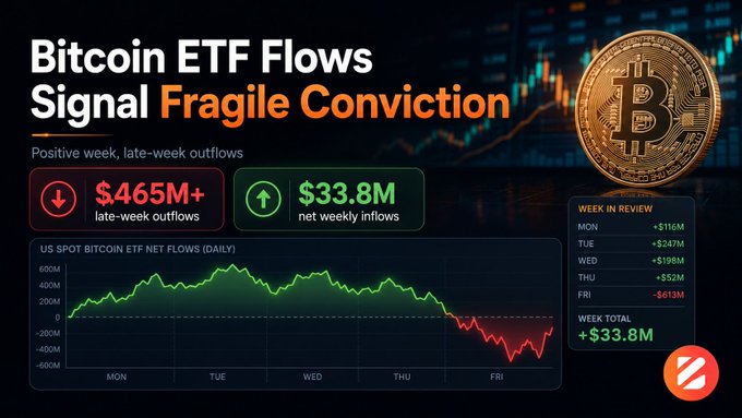 A financial graphic titled "Bitcoin ETF Flows Signal Fragile Conviction" shows a chart of "US SPOT BITCOIN ETF NET FLOWS (DAILY)" with $465M+ late-week outflows, $33.8M net weekly inflows, and a weekly breakdown ending at +$33.8M.