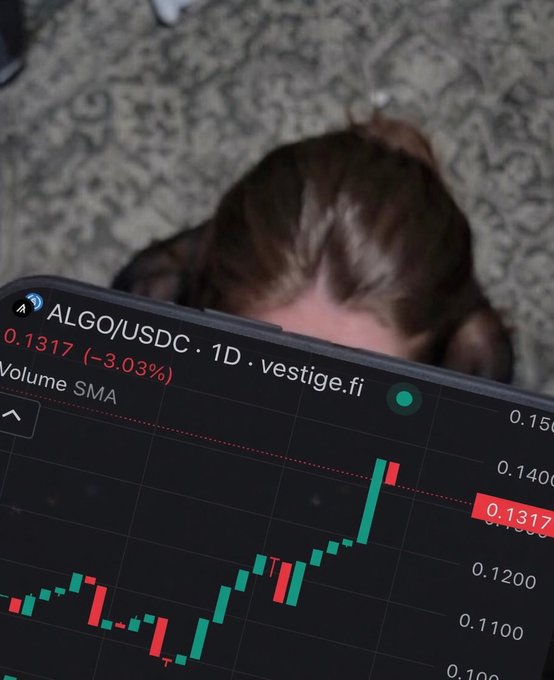 A tablet displays a candlestick chart for the ALGO/USDC trading pair showing a price of 0.1317 (-3.03%), with a small brown dog visible in the background.