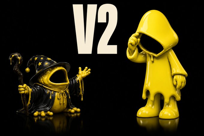 A black background featuring two yellow melting figurines (a wizard with a staff and a hooded figure) on either side of large white text reading 'V2'.